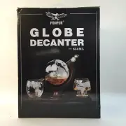 New~Ponpur Etched World Map Globe Decanter Set Glasses Wood Stand Whiskey Balls