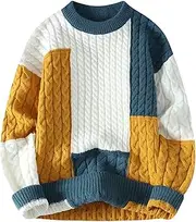 [GURUNVANI] Mens Patchwork Sweater Colorblock Knit Jumper Vintage Cable Knitted Pullover Sweater