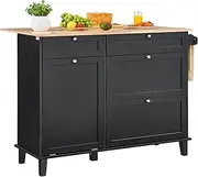 VEVOR Kitchen Island Cart, 50" Wood Top Breakfast Bar with Trash Cabinet Tilt Out 10 Gallon Storage, Farmhouse Dining Living Room Table with Drop Leaf, Towel Bar, Drawer, Black
