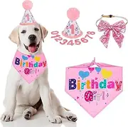 Dog Birthday Party Supplies, Girl Dog Birthday Hat with Numbers Bandana Scarf Birthday Party Hat with Cute Dog Bow Tie for Medium Large Dog Pet