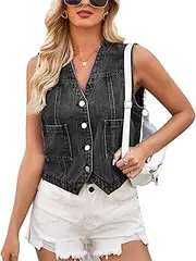 [cffvdiz] Womens Sleeveless Slim Denim Short Vest Button Front V Neck Distressed Streetwear Jean Vest Top