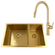 ACA 71X45CM Brushed Gold Kitchen Sink With Tap Set Double Bowls Kitchen Laundry Sink Handmade Stainless Steel