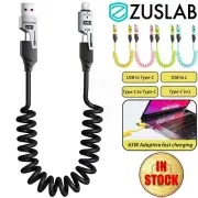 4in1 Coiled Charger Cable USB A Type C Light PD65W For Samsung Apple Car Desktop