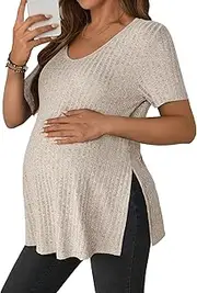 [JiniGolla] Women's Maternity T Shirt Ribbed Knit Pregnancy Tops Side Split Casual Maternity Blouse