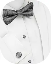 [HAWSON] Black Bow Ties Pocket Square Set with Cufflinks and Studs,Men's Adjustable Pre-Tied Silk Tuxedo Bow tie for Wedding.