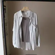 Long-Sleeve Collared Plain Shirt / Plain Cami Top Shirt Without Camisole - Gray - One Size