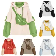 Women Bear Hoodie Patchwork Sweatshirt Long Sleeve Pullover with Personality Bag