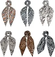 Yonchic 6-Piece Elastic Scrunchies with Bow, Cute Silk Satin Hair Scarf Scrunchy for Women Girls, No Damage Hair Ties with Ribbon Tails Ponytail Holders Rubber Bands (Animal Print)