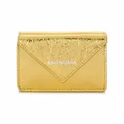 Balenciaga Papier Metallic Gold Arena Lambskin Leather Mini Trifold Wallet NEW