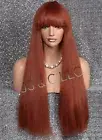 Human hair Blend Full Wig Heat OK Red Copper Auburn straight blunt bangs MG 350