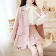 Set: Long-Sleeve Tie-Neck Chiffon Button-Up Blouse + Plaid Blazer + Plaid Pleated Mini Skirt Shirt - S