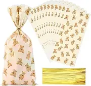 Docvania Cello Cellophane Treat Gift Bags Bear Cookie Bags 100 pcs 5 X 11 Goodie Bag with Ties for Mother's Day, Valentine's Day and Parties, Weddings