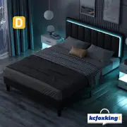 Double Size Bed Frame PU Leather Platform Mattress Base with LED Light Black