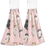 Adorable Cat Pink Hand Towels with Hanging Loop Custom Oven Towel Set of 2 Absorbent Cute Kitchen Towel Decorative, 18.2 x 14 Inch