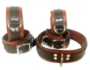 Lockable Maroon Black Leather Bondage BDSM restraint Collar Wrist Ankle RATS BUM