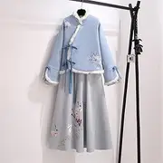 [SMDSAZ] Chinese Style Hanfu Plus Size Women's Winter Dress Suit Padded Jacket Two-Piece (Color : Suit, Size : XL)