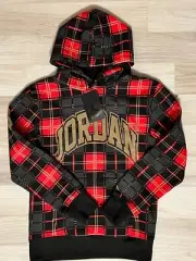 Nike Brooklyn Fleece Check Kids Pullover Hoodie Sz S/M/XL Black Red FB9438 010
