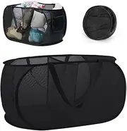 Chamgeco Collapsible Mesh Laundry Baskets, Foldable Pop Up Laundry Hamper with Wide Opening and Dual Carry Handles for Laundry Room, College Dorm, Travel, Storage Basket (Black-1Pack, 2 Compartments)