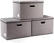 Large Collapsible Storage Bins with Lids [3-Pack] Linen Fabric Foldable Storage