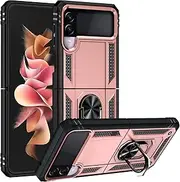 Cavor for Samsung Galaxy Z Flip3 5G Case (6.7") TPU Case PC Bumper 360° Rotation Ring Holder Kickstand Back Cover [Work with Magnetic Car Mount] Shockproof Protective Cover-Rose