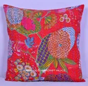 16" Indian Handmade Red Floral Kantha Patchwork Cushion Cotton Pillow Case Throw