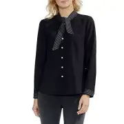 NWT Womens Size XS Vince Camuto Black Stitched Tie Neck Button Front Blouse Top