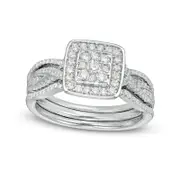 0.63 CT. T.W. Composite Natural Diamond Square Frame Twist Shank Three Piece Bridal Engagement Ring Set in Sterling Silver