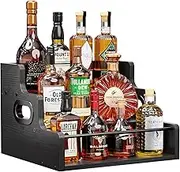 Liquor Bottle Display Shelf, Coffee Syrup Rack Organizer, 3 Step Countertop Liquor Wine Rack, Mini bar,Liquor Cabinet, Home Retro Bar Shelf Stand for Liquor Whiskey, Spirits（Black）