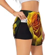 [GaxfjRu] Yellow Rose Picture Print Women's Running Shorts High Waisted Running Shorts Pocket Sporty Gym Elastic Short