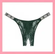 NEW Victoria’s Secret Shine Strap Open Panty Lace Crotchless Botanical Green S