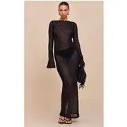 Black Shirred Textured Long Sleeve Backless Midaxi Dress, Black