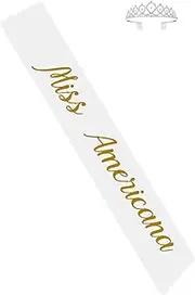 [Vrogadso] Miss Americana Sash White Satin Sash with Gold Glitter Letters With Crown Pack, White, Gold