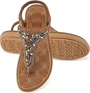 [Ecetana] Womens Sandals Dressy Flat Comfortable Casual Summer Thong Sandals with Ankle Elastic Beaded Bohemian Flats Slip On