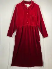 Lord & Taylor Red Velvet Midi Dress Size Medium Holiday Snap Front Pockets NEW