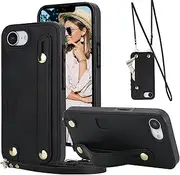 Ephoou Crossbody Wallet Case for Apple iPhone 16e (Not 16) with Wrist Strap, Removable Adjustable Shoulder Lanyard, PU Leather Cover with Cash Slot for iPhone 16e XK-Black