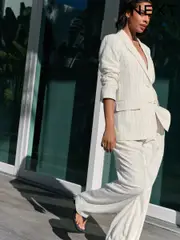 Black & White Striped Single Breasted Blazer with Linen (AF2292) | $116