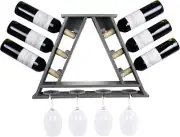 Wooden Rustic Wine Rack - Floating Triangle Wall Mounted Wine & Glass Holder - P