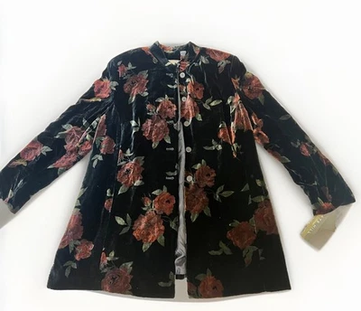 NWT Kate Hill Velvet Silk Blazer Jacket Coat Floral Pockets Holiday Size 16 Long
