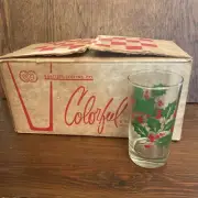 1950s Bartlett Collins Company Colorful 7 Piece Tumbler Set Holly Pattern W/Box