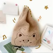 Cute Pig Embroidery Handbag, Faux Lambswool Knotted Wrist Bag, Fall Fluffy Tote