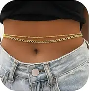 [FANDY] 2 Pcs Body Chain for Waist Cuban Belly Chain for Women Adjustable 14K Gold Plated Summer Beach Bikini Body Jewelry for Gift