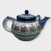 RARE POLISH POTTERY UNIKAT LARGE TEAPOT DOUBLE HANDLE 2 QUARTS SPRING TULIP