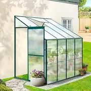 Green Fingers Mini Greenhouse, 252x127x213cm Walk-in Polycarbonate Green House Garden Shed, Aluminium Frame Gardening Supplies with Lockable Door, Gutter System and Plant Storage Shelves