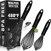 Walfos Silicone Whisk, Stainless Steel Wire Whisk Set of 3 -Heat Resistant Kitchen Whisks for Non-stick Cookware, Balloon Egg Beater Perfect for Blending, Whisking, Beating, Frothing & Stirring, Black
