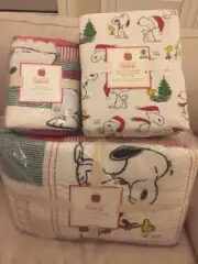5pc Pottery Barn Kids Peanuts Holiday twin quilt/sham/flannel sheet Christmas