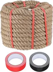 sourcing map Jute Rope 1 Inch x 75ft, Heavy Natural Thick Twisted Rope with 2 Roll Tapes for Crafts Railing Docks Tug of War Swing Nautical Landscaping