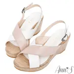 ANN’S顯瘦時刻-撞色交叉小羊皮輕盈楔型厚底涼鞋7CM-粉(版型偏小)