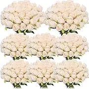 Hotop 80 Pcs Artificial Rose Flowers Bulk with Long Stem Fake Roses Silk Realistic Roses Bouquet for DIY Wedding Bridal Shower Party Table Centerpieces Home Decorations(Beige)