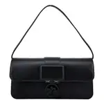 LONGCHAMP BOX-TROT系列小牛皮同色LOGO翻蓋單肩包(中/黑)