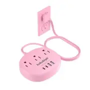 Pink Flat Extension Cord 5FT 3 AC Outlets 4 USB Surge Protection